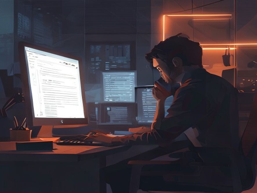 Cinematic and photorealistic 8k image of a stressed individual checking digital tax payment records on a glowing computer screen in a dimly lit, modern office environment, symbolizing administrative system failure and digital urgency, with a professional and serious atmosphere.