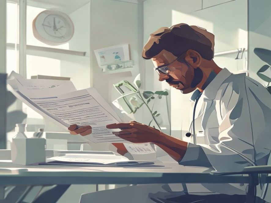 A professional, cinematic, and photorealistic closeup of a patient carefully reviewing a medical insurance document and a stepbystep rehabilitation plan in a bright, modern clinic, emphasizing fiscal responsibility and healthcare reform, 8k resolution, soft natural lighting.