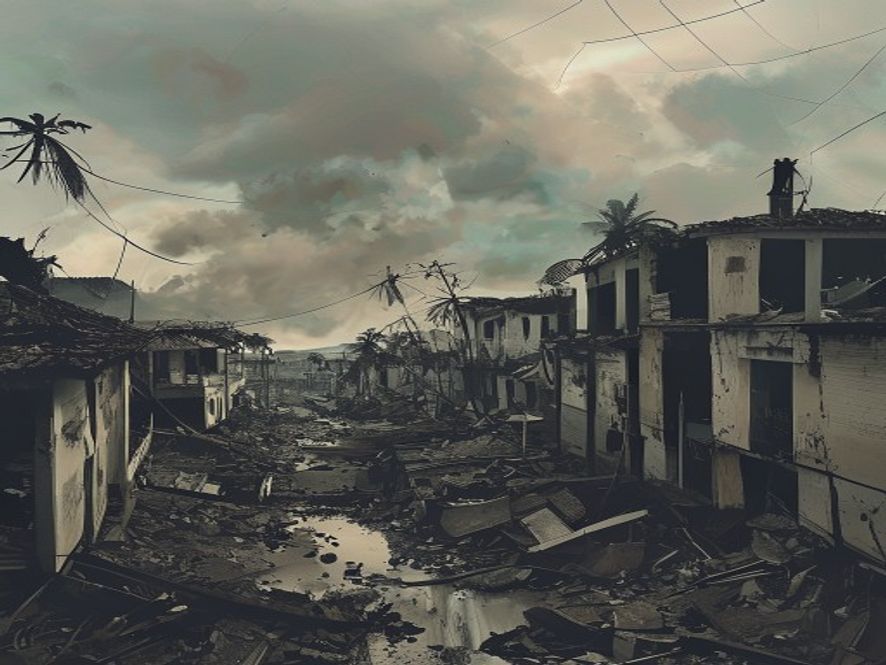 Cinematic, photorealistic 8k wide shot of a devastated Caribbean coastal village in Venezuela after a massive earthquake, showing crumbled ruins of colonialstyle buildings and debrisstrewn streets under a somber, hazy sky, captured with a dramatic and melancholic atmosphere.