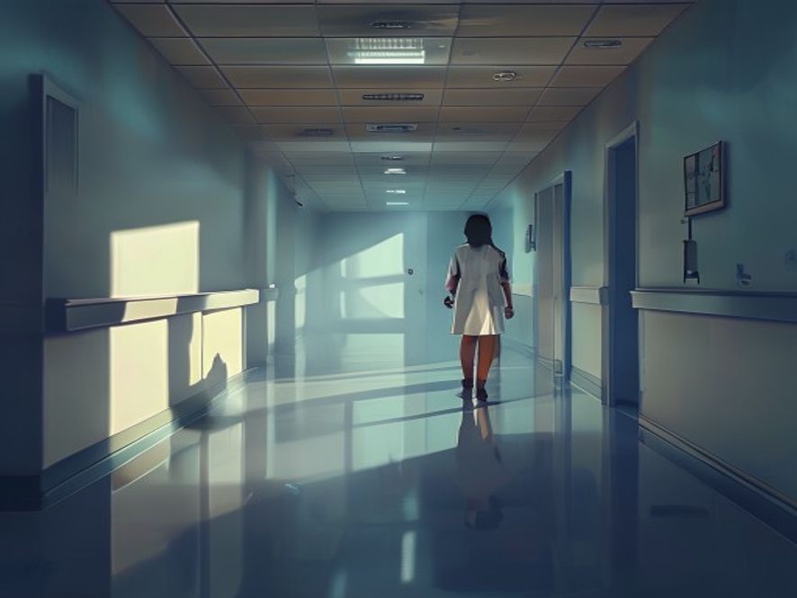 A cinematic, photorealistic 8k image of a solitary nurse standing in the dim, sterile hallway of a hospital, cast in long melancholic shadows that symbolize the weight of institutional bullying and the struggle for justice, with a soft, somber light reflecting off the cold clinical surfaces.