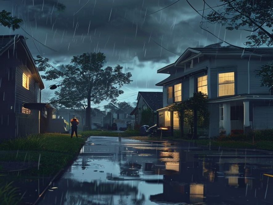 A cinematic, photorealistic 8k image of a suburban residential area during a heavy monsoon downpour, showing a vigilant person inspecting home drainage and structural safety, set against a dark and moody sky, emphasizing preparedness and disaster prevention, dramatic lighting.