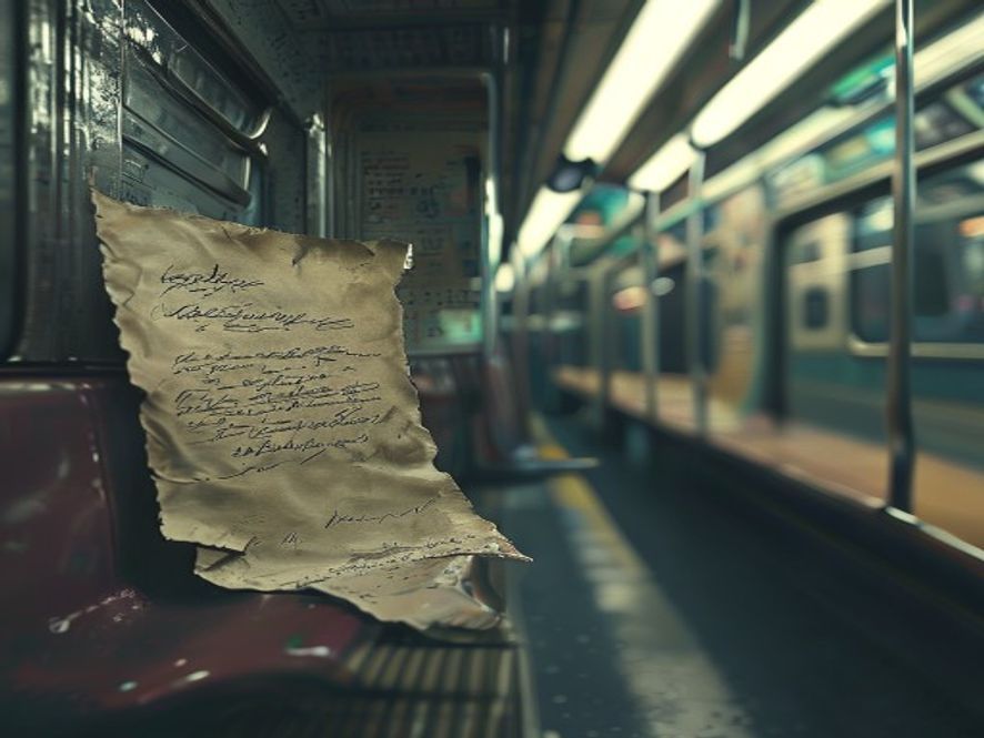 A cinematic, photorealistic 8k image featuring a crumpled, ominous handwritten threat note left on a desolate subway train seat, with a blurred, dimly lit metropolitan subway interior in the background capturing a tense and uneasy atmosphere of public anxiety.