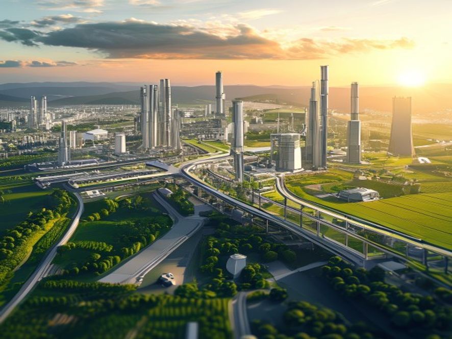 A cinematic, photorealistic 8k wideangle shot of a sprawling, futuristic semiconductor industrial complex rising from the scenic Korean landscape, blending advanced glassandsteel architecture with vibrant green fields to symbolize a hightech evolution, captured at golden hour with soft sunlight reflecting off hightech facilities, conveying a sense of progress and global industrial dominance.