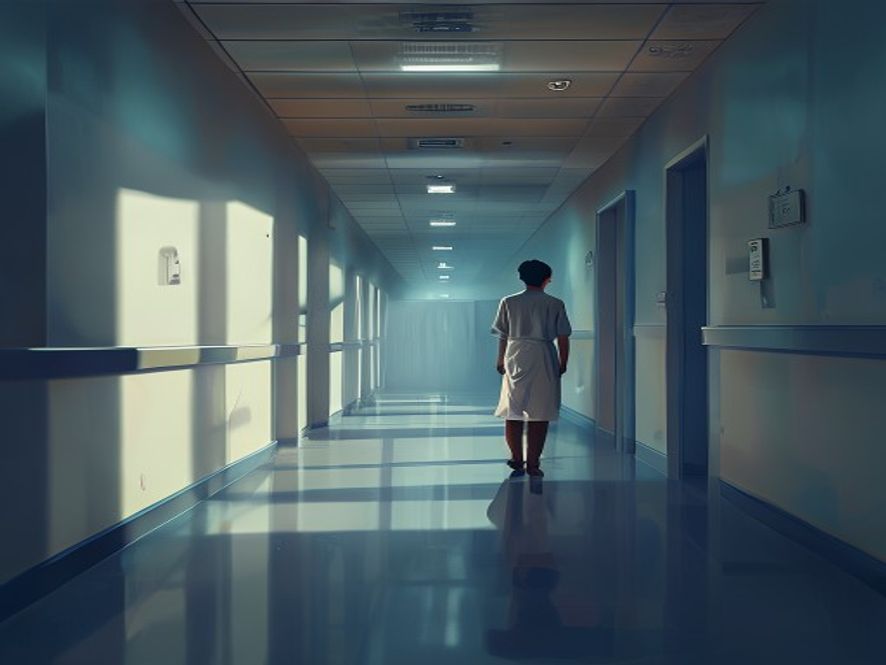 A cinematic and photorealistic 8k image showing a lonely nurse standing in a dimly lit, highpressure hospital corridor, with long, heavy shadows stretching across the clinical walls to symbolize the oppressive cycle of hierarchy and workplace bullying, capturing a somber and reflective atmosphere.