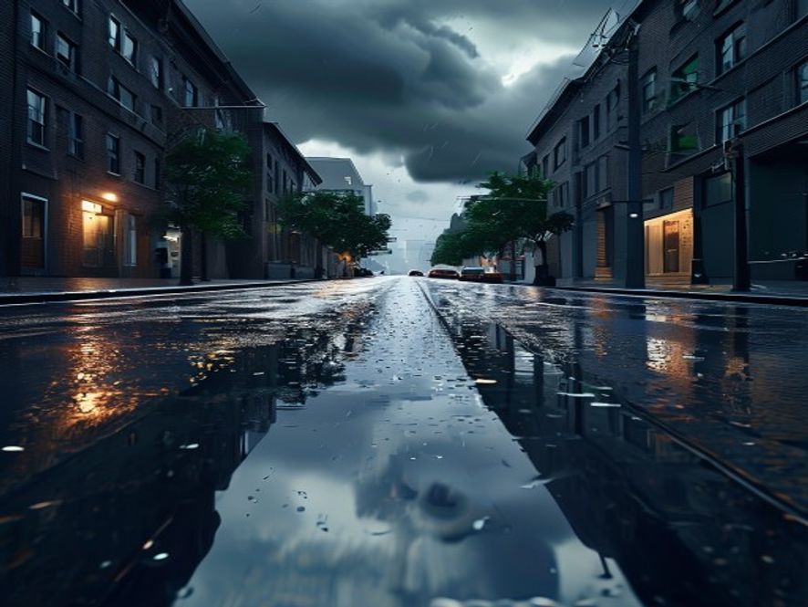 A cinematic, photorealistic 8k image showing a moody, rainswept urban street during a summer downpour with dramatic dark clouds and reflections on wet asphalt, emphasizing the sense of caution and preparation for unpredictable monsoon weather.