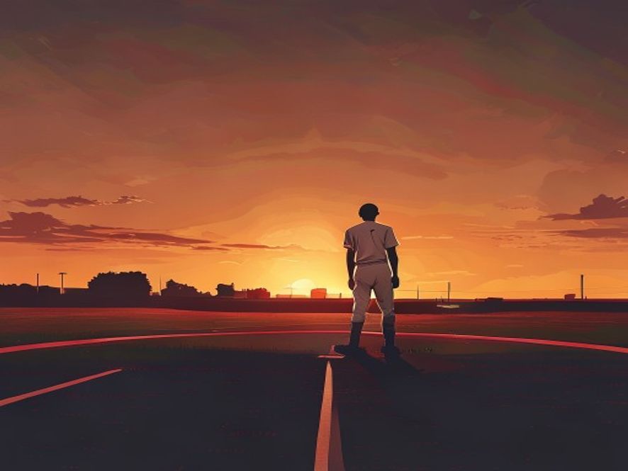 A cinematic, photorealistic 8k image of a lone high school baseball player standing on a deserted field at sunset, his silhouette cast long over the pitchers mound, symbolizing the weight of unfair collective punishment and the uncertain future of young athletes, emotional atmosphere, dramatic lighting.