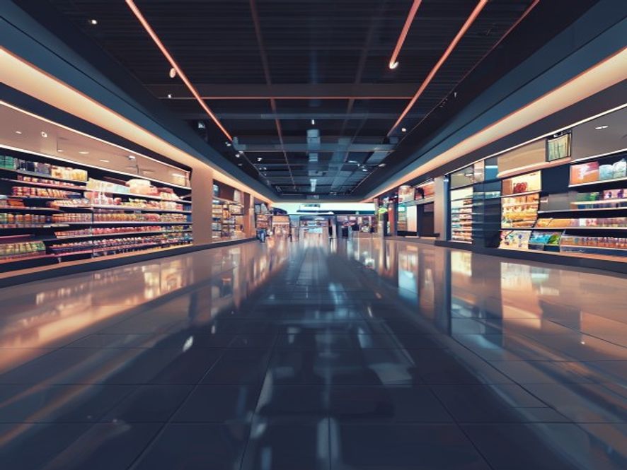 A cinematic, photorealistic 8k image capturing a modern, vast, and quiet hypermarket interior with dimmed lighting, symbolizing the structural crisis and transition of the retail industry, reflecting a somber and contemplative atmosphere.