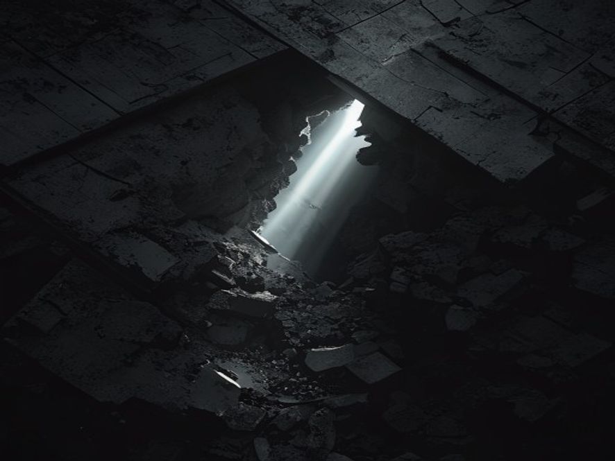 A dramatic, highcontrast cinematic shot of a rescue scene at a dark, collapsed concrete debris site, with a faint, hopeful beam of light illuminating a narrow opening from 9 meters deep, photorealistic, 8k, emotional and powerful atmosphere.