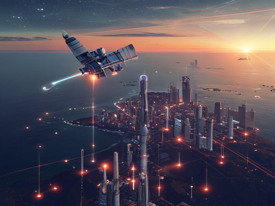 A cinematic, photorealistic 8k image featuring a futuristic South Korean satellite soaring above the scenic, hightech coastline of the South Sea, with glowing data connection lines reaching down to a modern space industrial complex, symbolizing national sovereignty and technological advancement in space communication.