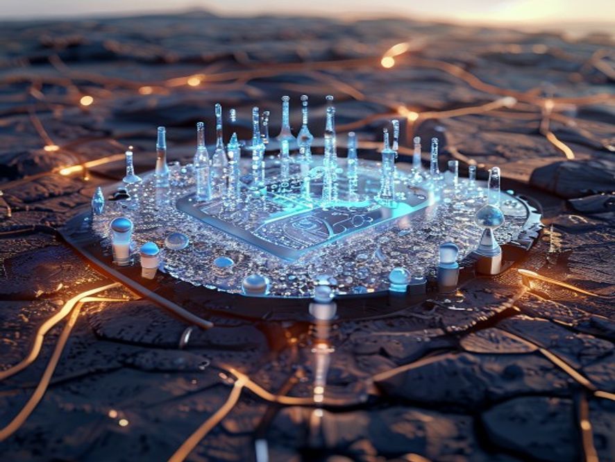 A cinematic and photorealistic 8k image featuring a futuristic silicon semiconductor wafer integrated with a glowing, intricate network of water droplets and crystalline pipelines, set against a backdrop of a dry, cracked earth landscape to symbolize the critical tension between advanced technology and water scarcity, highly detailed lighting, professional photography style.