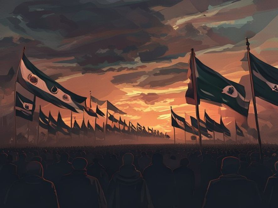 A cinematic and photorealistic 8k image capturing a massive, somber funeral procession in Tehran with a sea of mourning citizens waving Iranian flags under a tense, dramatic twilight sky, symbolizing a major geopolitical turning point in the Middle East.