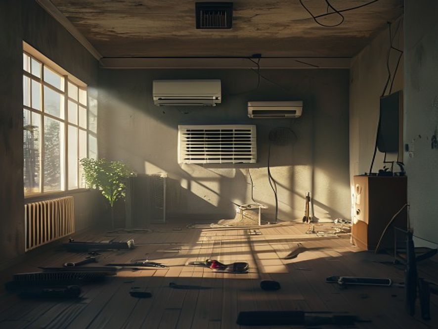 A somber and cinematic wide shot showing an empty air conditioner installation site inside a dimly lit, stiflingly hot residential room, with tools abandoned on the floor and heavy shadows emphasizing a sense of danger and isolation, photorealistic, 8k, professional photography style.