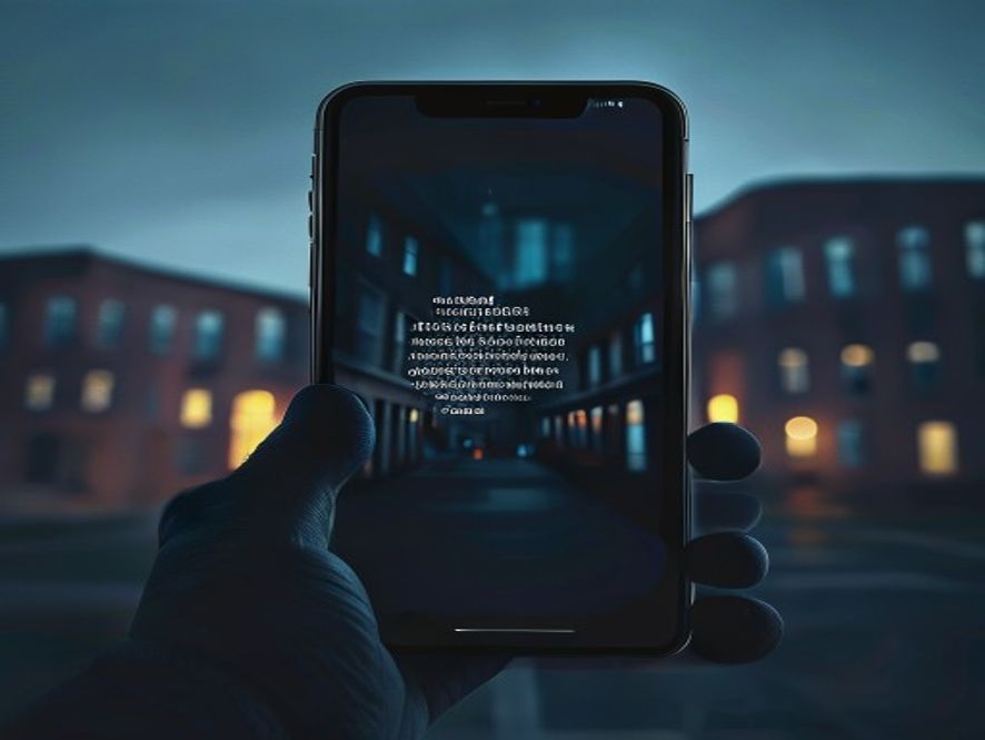A cinematic, photorealistic 8k image featuring a dimly lit, ominous smartphone screen displaying a threatening message against a blurred school building in the background, capturing a tense and chilling atmosphere of digital crime and public anxiety.