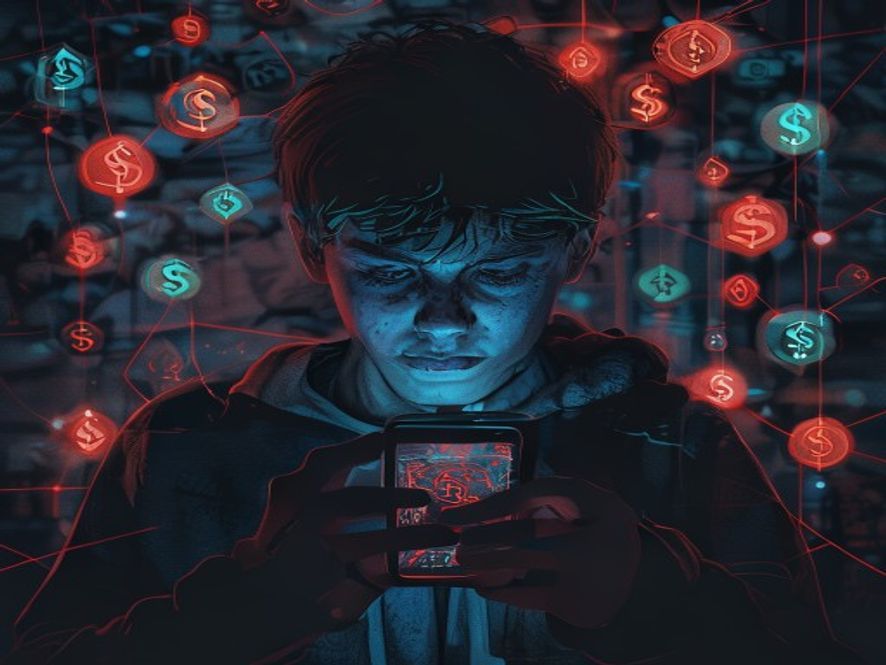 Cinematic, photorealistic 8k image featuring a lonely, troubled teenager staring at a glowing smartphone screen reflecting a dark, complex web of digital gambling icons and money symbols in a dim room, capturing a heavy and somber atmosphere of cybercrime affecting the youth.
