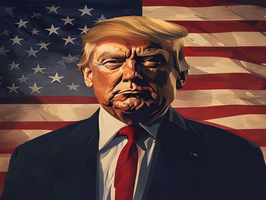 A cinematic, photorealistic 8k portrait of Donald Trump standing against a backdrop of the American flag with subtle imagery of the Korean War, capturing a powerful and authoritative atmosphere of geopolitical strategy and historical legacy.