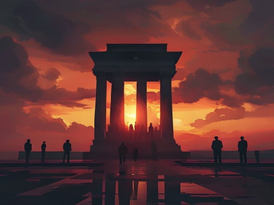 A cinematic, photorealistic 8k image featuring a grand, solemn monument representing the 518 Democratization Movement standing against a dramatic, moody sunset, with a subtle silhouettes of officials in the distance reflecting a heavy political atmosphere and deep historical gravity.