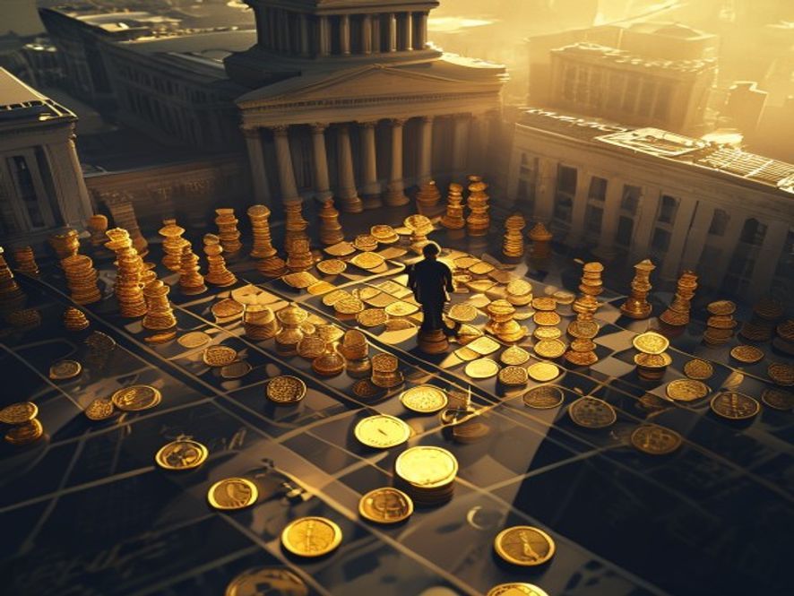 A highangle cinematic shot of a chesslike battlefield where gold coins and stock tickers intersect with a looming silhouette of a government building, representing the shadowy conflict of interest between political power and corporate capital, photorealistic, 8k resolution, dramatic lighting, sharp focus.