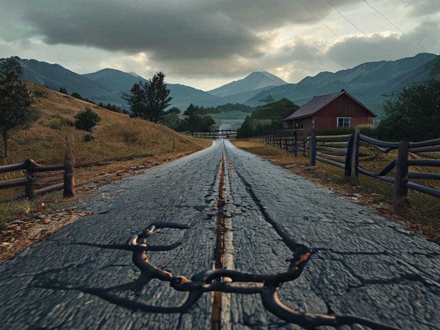 A cinematic, photorealistic 8k image of a newly paved mountain road abruptly ending at a private farm entrance, blocked by a rusted heavy iron chain, depicting themes of public budget corruption and rural inequality, moody lighting, high contrast.