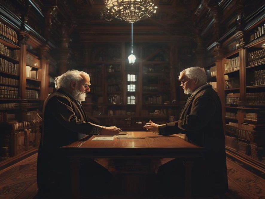 A cinematic and photorealistic 8k portrait of two elderly scholars in a solemn, dimly lit library, standing on opposite sides of a grand wooden table to represent a philosophical clash between absolute individual freedom and social responsibility, dramatic lighting, highly detailed textures, thoughtful and intense atmosphere.