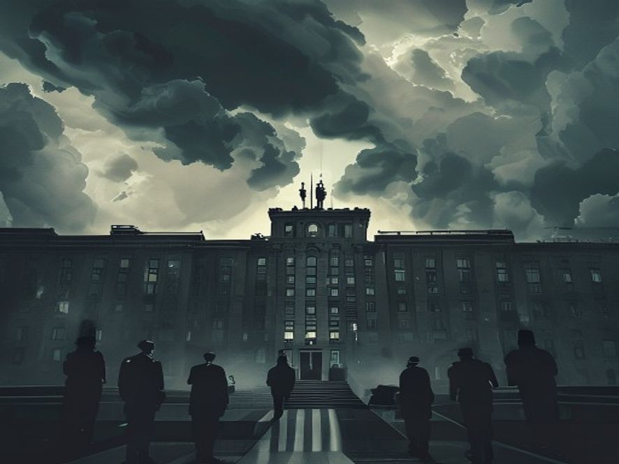 A cinematic, photorealistic 8k image featuring a grand, imposing military academy building under a dramatic, cloudy sky, symbolizing uncertainty and complex administrative tension with subtle silhouettes of highranking military officials in the background, deep shadows, and a somber, professional atmosphere.