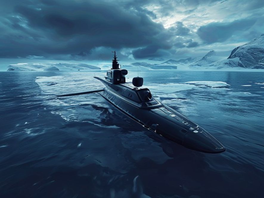 Cinematic, photorealistic 8k image of a hightech German TKMS submarine patrolling the icy, deep blue waters of the Arctic Ocean under a dramatic sky, symbolizing global security and advanced naval defense, with a sleek and imposing military aesthetic.