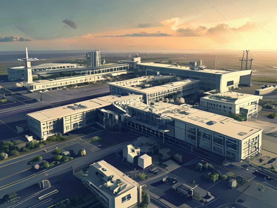 A cinematic, highresolution 8k photorealistic image depicting the architectural conflict between a modern semiconductor manufacturing complex and a sprawling military airport site, with stylized urban planning blueprints overlaying the landscape, conveying a tense and complex atmosphere of strategic industrial policy collision.