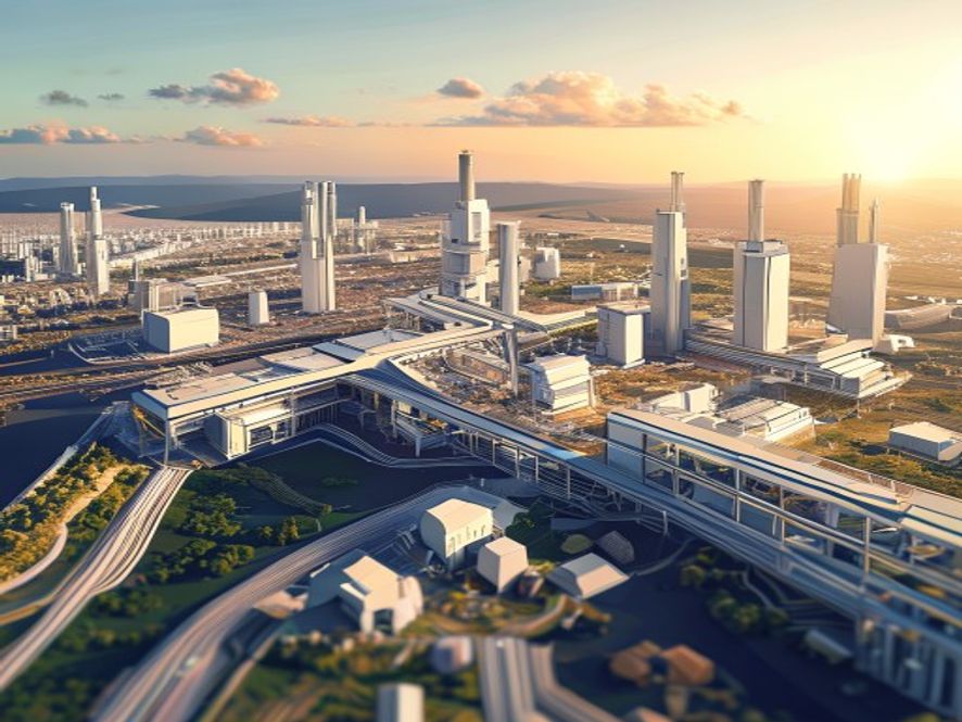 A cinematic, photorealistic 8k wideangle shot of a futuristic semiconductor manufacturing cluster being built on a vast, sundrenched landscape in Gwangju, featuring sleek hightech industrial architecture contrasted with a digital map overlay of South Korea, symbolizing regional economic revitalization and national industrial growth.