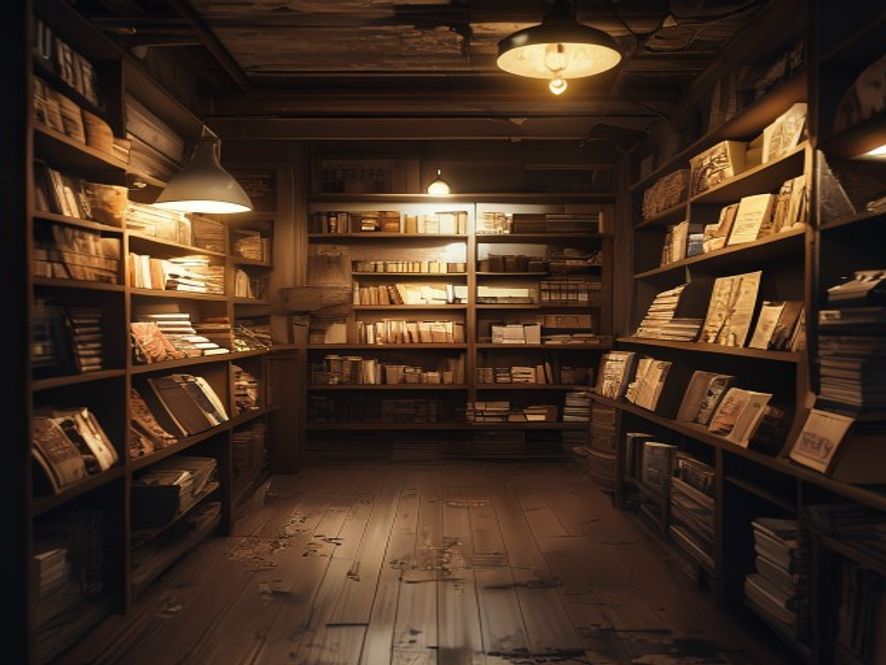 A melancholic, photorealistic cinematic shot of an abandoned, cozy independent bookstore with dusty shelves and dim golden lighting, capturing the somber atmosphere of urban gentrification, 8k resolution.
