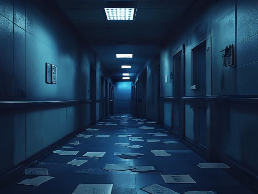A cinematic, photorealistic 8k image featuring a dimly lit, somber police station corridor with scattered files and cold blue lighting, symbolizing a search for truth and judicial integrity amidst systemic corruption, with dramatic shadows and a tense, investigative atmosphere.