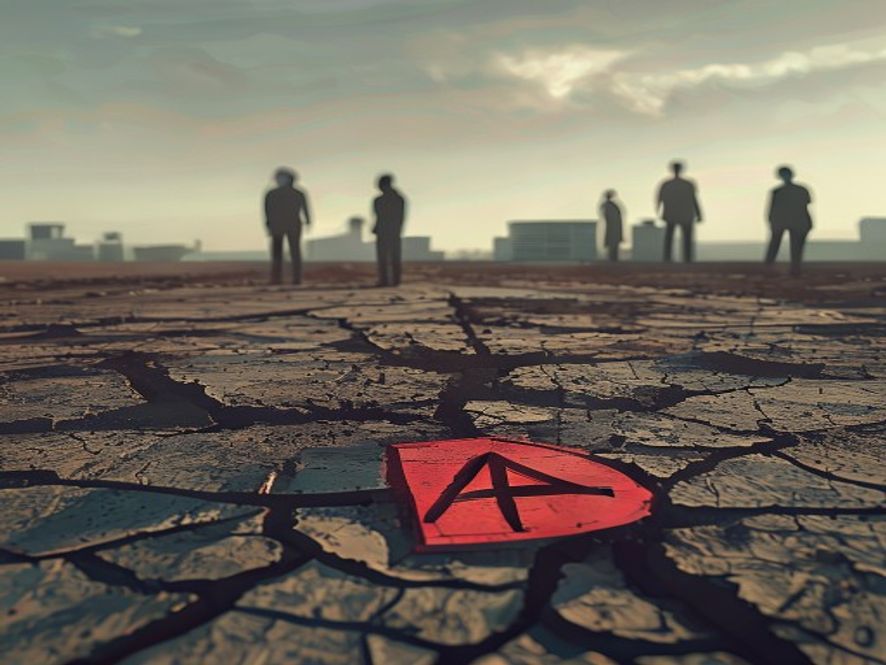 A cinematic and photorealistic 8k image of a vast, desolate landscape near an airport construction site, featuring a weathered real estate sign with a red Warning symbol stuck in the cracked, dry earth, with multiple blurred silhouettes of shadowy figures in the background representing land speculation, capturing a tense and cautionary atmosphere.