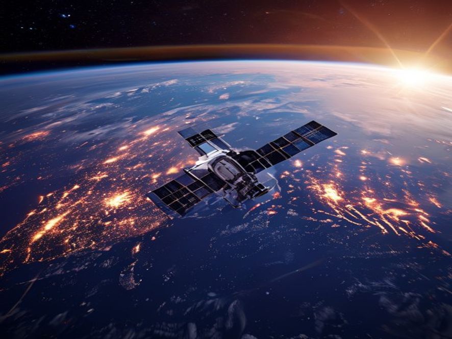 Cinematic, photorealistic 8k image of a hightech South Korean agricultural satellite orbiting Earth, capturing a vibrant view of the planet below with glowing atmospheric data visualization, symbolizing national space independence and future food security, sharp details, epic lighting.