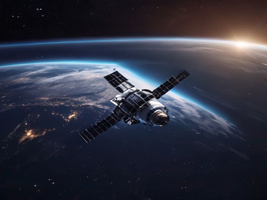 A cinematic and photorealistic 8k image of the NextGeneration Medium Satellite 4 CAS5004 floating in the vast, dark expanse of space with the glowing Earth visible in the background, capturing the dawn of South Koreas aerospace independence and technological precision.