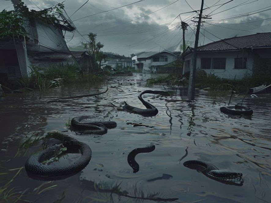 Cinematic, photorealistic 8k image of a flooded residential area in southern China after a heavy storm, featuring multiple cobras slithering through murky floodwater and debris in a dark, tense, and ominous atmosphere, capturing the danger of an escaped reptile swarm following a climatedriven natural disaster.