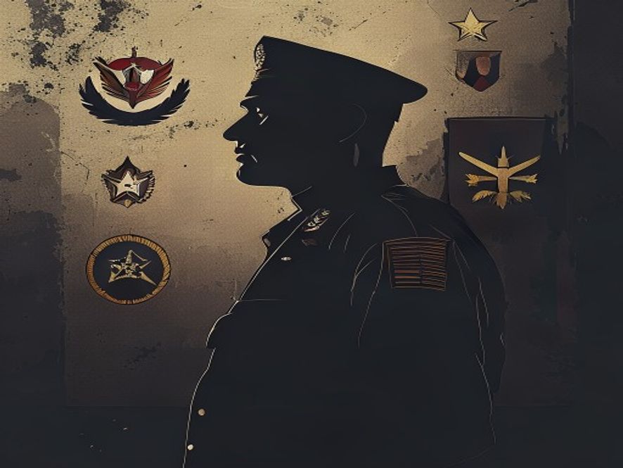 A cinematic, photorealistic 8k image featuring a solemn silhouette of a military officer standing against a backdrop of the distinct emblems of the Army, Navy, and Air Force academies, capturing a tense and contemplative atmosphere of institutional change and national security, dramatic lighting.