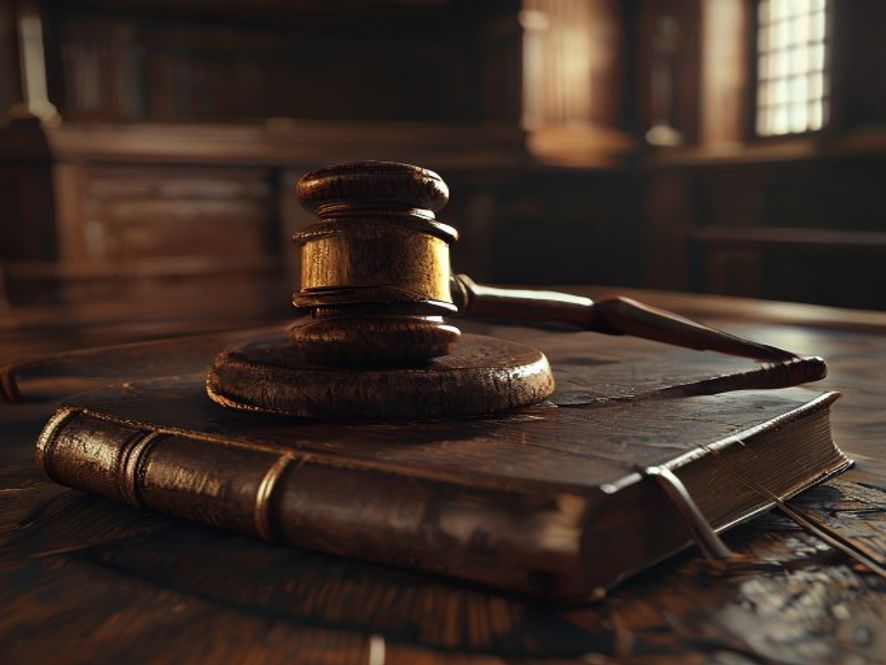A cinematic and photorealistic 8k closeup shot of a majestic, weathered wooden gavel resting on a thick leatherbound law book inside a dimly lit, solemn courtroom, symbolizing the delicate balance between personal integrity and judicial impartiality, dramatic chiaroscuro lighting, highend professional photography.
