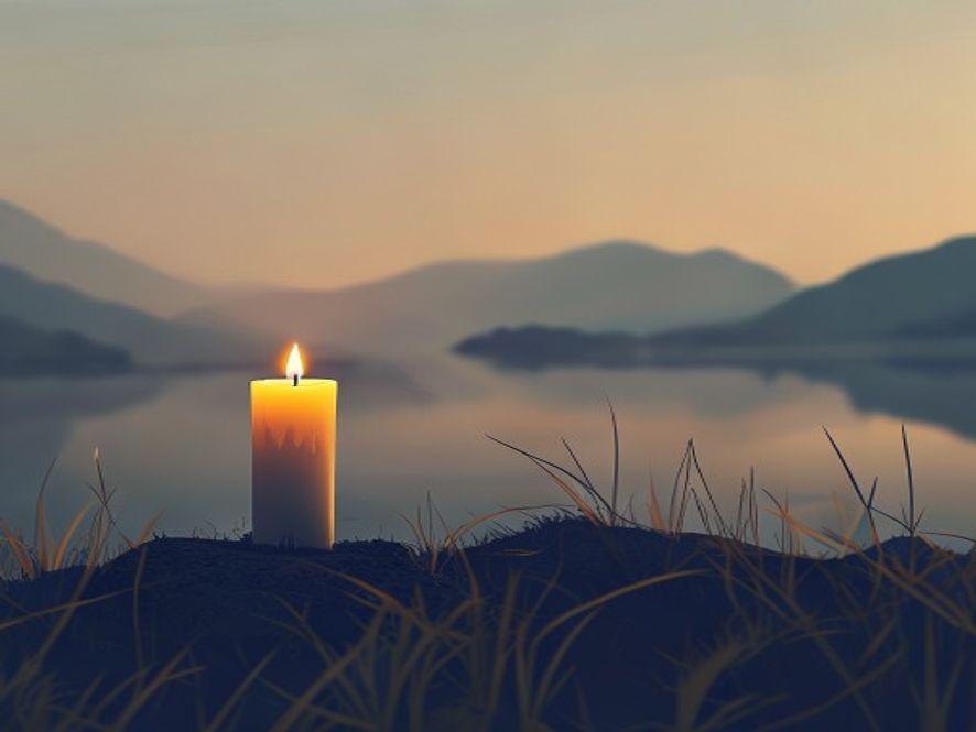 A cinematic and poignant highresolution 8k photograph featuring a single memorial candle flickering in the soft, melancholic light of a quiet landscape in Gapyeong, symbolizing solemn remembrance and the urgent call for safety, with a blurred background reflecting a reflective and somber atmosphere.