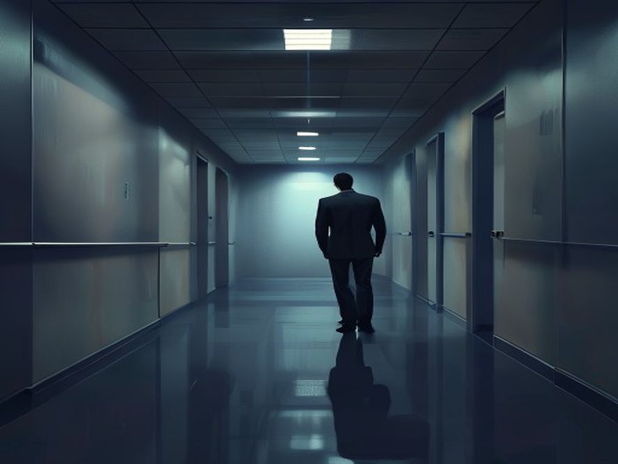 A cinematic and photorealistic 8k image showing a solitary professional executive standing in a dimly lit, cold corporate office hallway, symbolizing the isolation and career setback after returning from parental leave, with soft shadows and a professional, melancholic atmosphere.