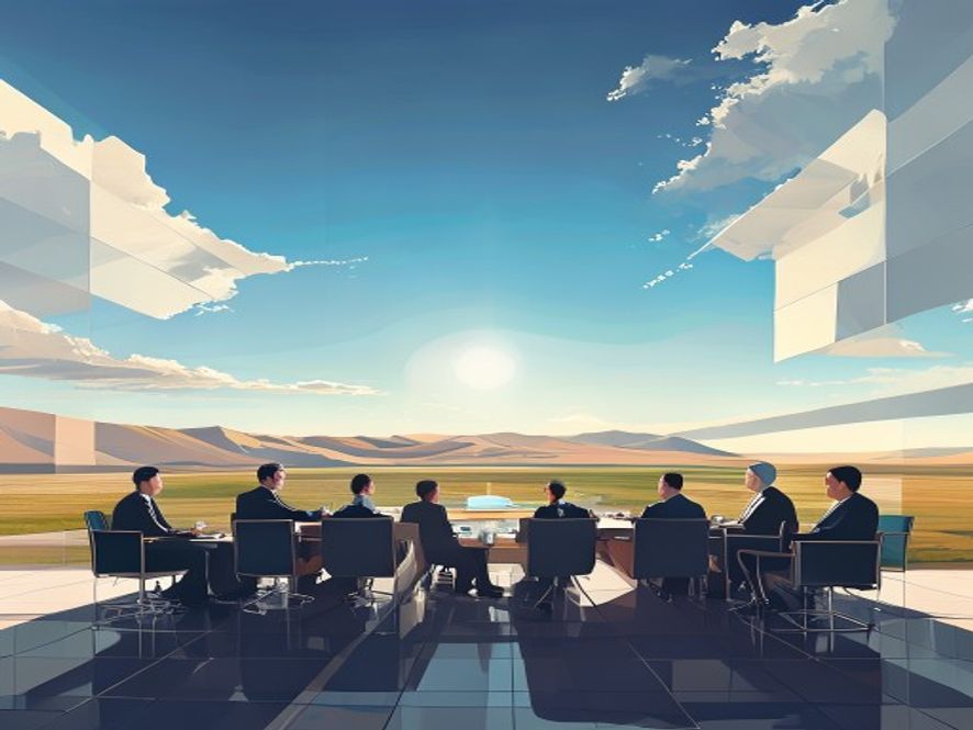 A cinematic, photorealistic 8k image featuring a formal diplomatic summit between the leaders of South Korea and Mongolia in a grand, sunlit architectural setting, symbolizing a bridge for peace and strategic economic partnership, with a vast Mongolian landscape in the background under a hopeful blue sky.