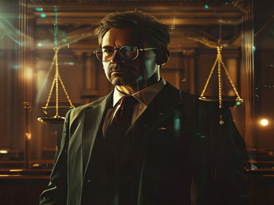 Cinematic, photorealistic 8k portrait of an analytical investment expert standing in a dimly lit, serious courtroom atmosphere, reflecting on the weight of legal responsibility and truth, with subtle digital data overlays and golden scales of justice in the background, professional lighting, dramatic tension.