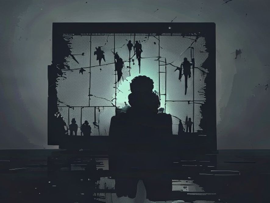 A cinematic, photorealistic 8k image showing a lonely, fractured digital screen displaying distorted silhouettes, symbolizing the modern crisis of empathy and the consumption of historical tragedy as toxic memes in a cold, isolated social environment.