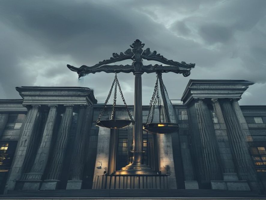 A cinematic and photorealistic 8k image of a weathered, ancient stone scale of justice standing prominently in front of the grand, imposing architecture of the South Korean Supreme Court building under a somber, grey twilight sky, symbolizing the finality of constitutional law and the heavy weight of historical accountability.