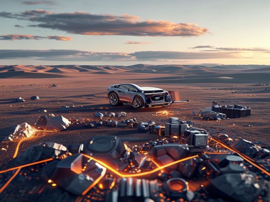 A cinematic, photorealistic 8k image featuring a vast, modern industrial landscape merging with the pristine, expansive Mongolian steppe, symbolizing the strategic partnership of rare earth element supply chains, featuring glowing hightech minerals and metallic components integrated with advanced semiconductor and electric vehicle parts, captured in sharp detail with professional lighting.