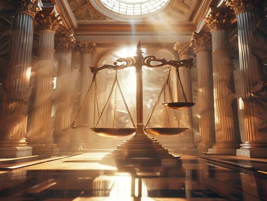 A cinematic and photorealistic 8k image of the iconic stone scales of justice balancing perfectly inside a majestic, sunlit courtroom with grand marble pillars, symbolizing the restoration of order and the commencement of judicial reforms, shallow depth of field, professional lighting.