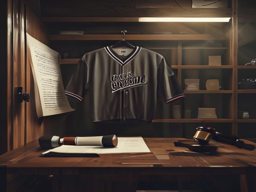 A cinematic and photorealistic 8k image featuring a lonely high school baseball jersey hanging in a locker room, symbolizing a suspended athletes dream, with a blurred legal document and a gavel resting on a wooden table in the foreground to represent the intense legal battle over fair play, dramatic lighting with deep shadows, emotional and tense atmosphere.