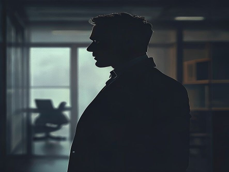 A cinematic, photorealistic 8k image of a blurred, dramatic silhouette of a celebrity figure standing in a dimly lit office space, symbolizing the complex and tense power dynamics of a professional management relationship, with a cold and introspective atmosphere.