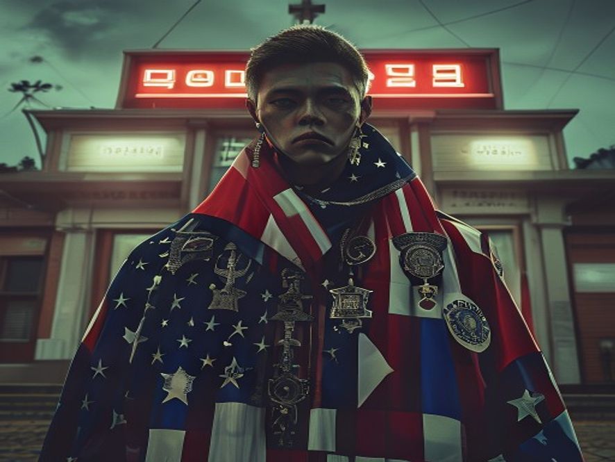 A cinematic, photorealistic 8k portrait of an individual standing in front of a police station, dressed in an intense ensemble of American flags, South Korean flags, and religious symbols representing extreme ideological polarization, captured with dramatic lighting and a somber atmosphere.