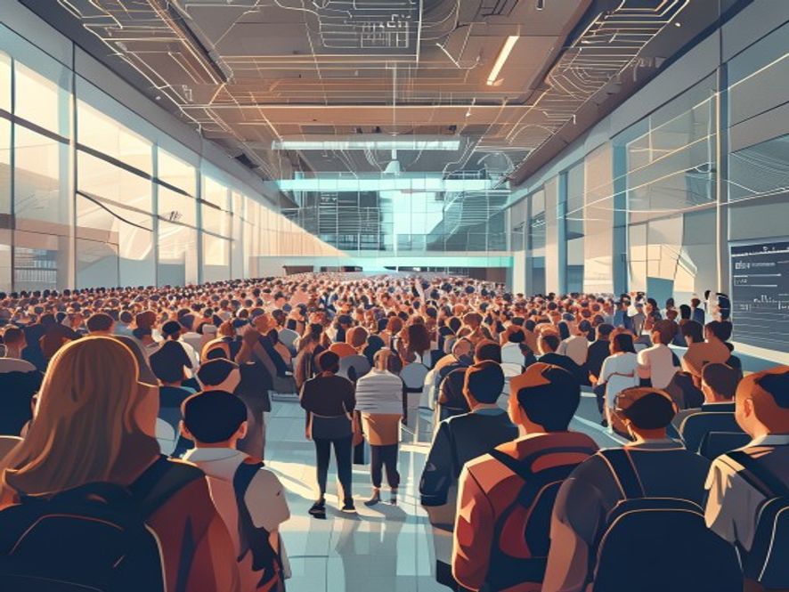 A cinematic, photorealistic 8k image showing a crowd of focused parents inside a modern, hightech semiconductor specialized high school campus, with clean architectural lines and digital circuit patterns subtly integrated into the background, capturing a sense of hopeful ambition and strategic future planning for their childrens careers.