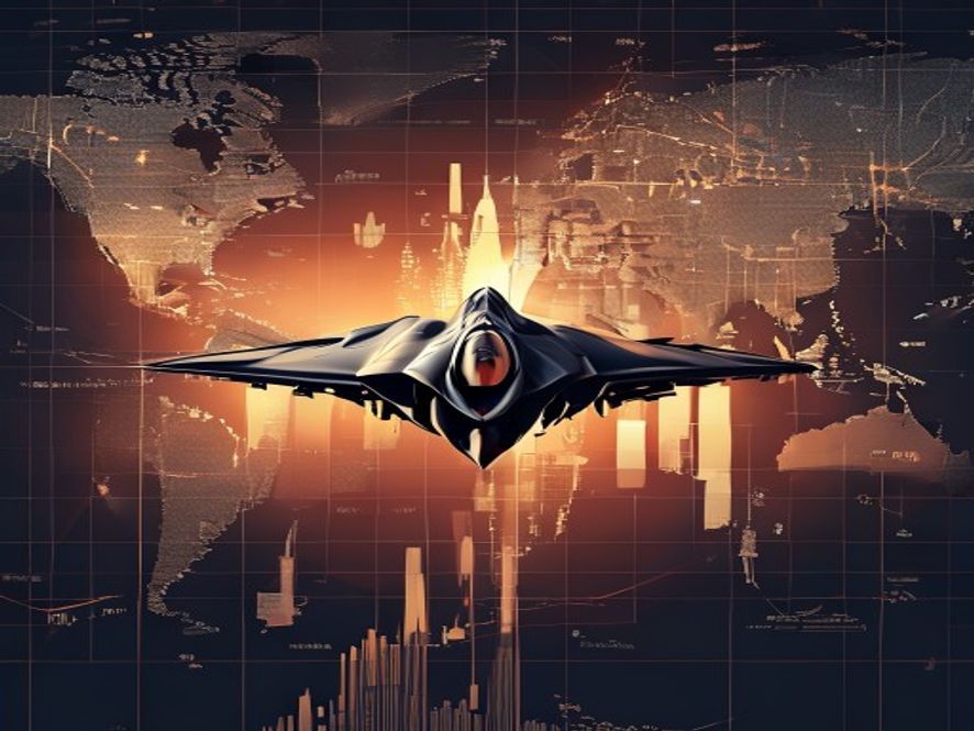 A cinematic, photorealistic 8k image featuring a sleek, modern fighter jet silhouette juxtaposed against a background of complex financial charts and geopolitical maps, symbolizing the tension between the success of Kdefense exports and the hidden weight of financial risks and strategic burdens.