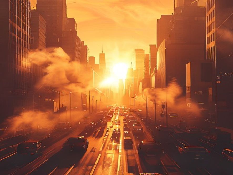 A cinematic and photorealistic 8k image showing a shimmering, distorted heat haze rising from a congested city street under an intensely scorching sun, capturing the oppressive atmosphere of an extreme heatwave with highcontrast warm tones, wide angle.