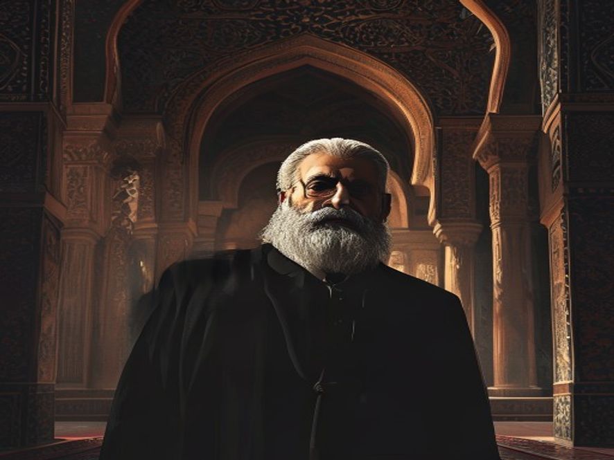 A dramatic, cinematic portrait of Mojtaba Khamenei standing in the shadows of a grand, dimly lit Persian architectural interior with intricate patterns, evoking a tense atmosphere of geopolitical power and strategic uncertainty, photorealistic, 8k resolution, moody lighting.